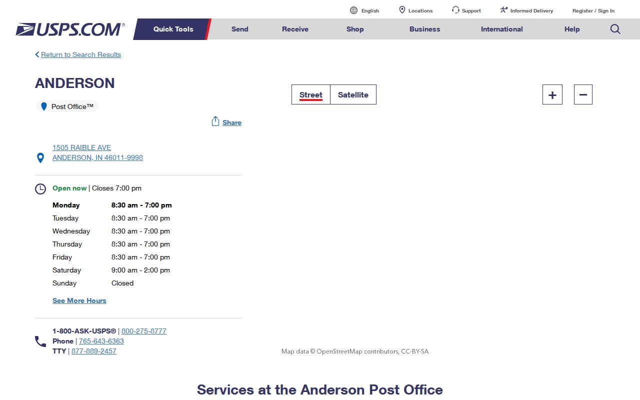 USPS Anderson Post Office page for ZIP code directory research